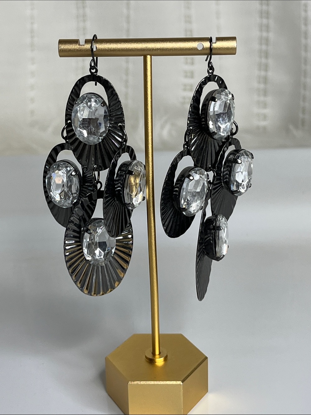 Gunmetal Gray  Drop Earrings with Clear Crystal Accents - Picture 4 of 4